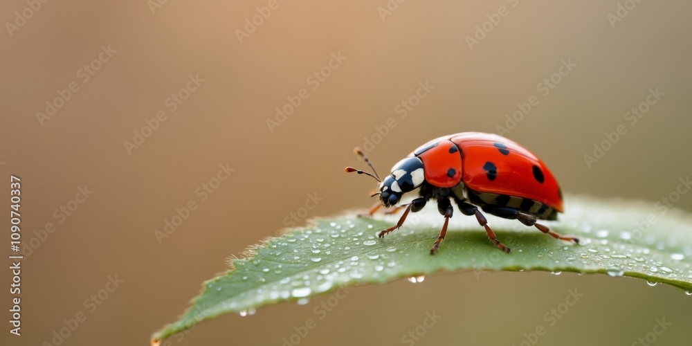 Fototapeta premium Ladybug on Leaf with Dew in Natural Setting.