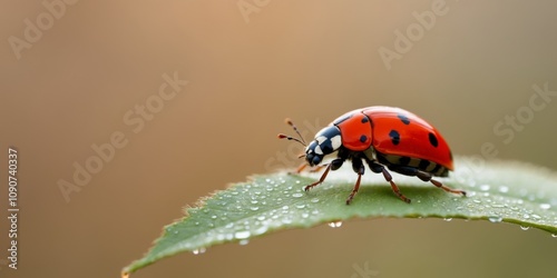 Ladybug on Leaf with Dew in Natural Setting. photo