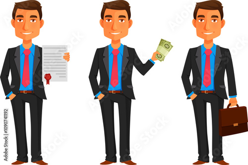 funny cartoon illustration of a young businessman wearing elegant black suit, holding a contract, stack of money or briefcase. Successful manager, lawyer or financial advisor. Isolated on white.