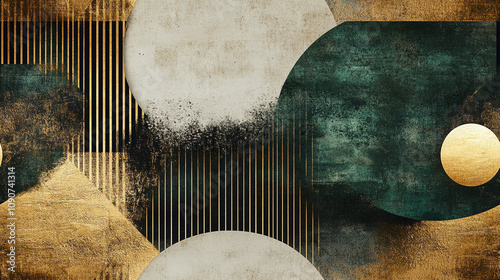 Abstract Geometric design with gold and green accents - Seamless tile. Endless and repeat print.