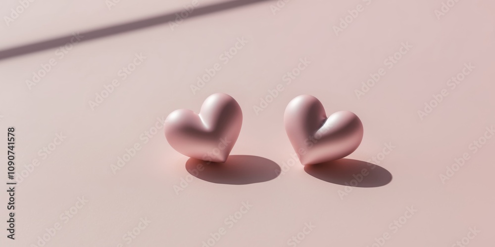 Fototapeta premium Two hearts lying down on a pink background with shadows.