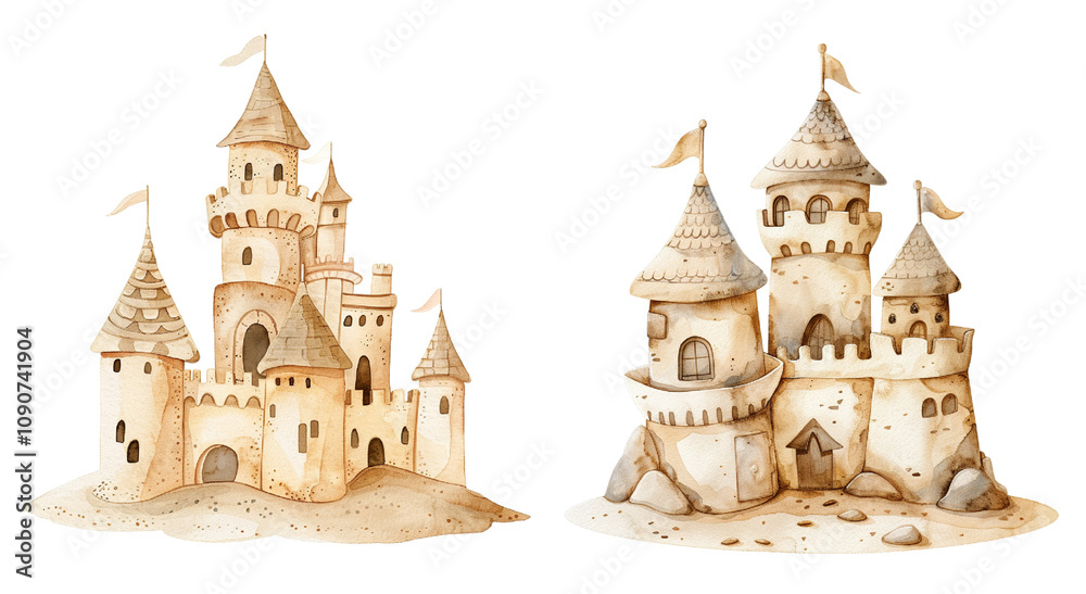 Fototapeta premium Watercolor sand castles isolated on white background.
