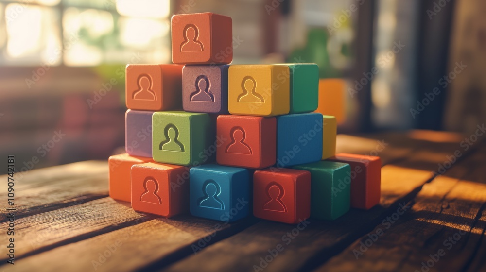 A colorful tangram puzzle on a wooden table symbolizes HR teamwork and strategic planning.