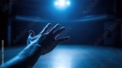 Hand reaching toward a vacant, illuminated theater stage, capturing a poignant moment of anticipation and reflection in a dimly lit environment. photo