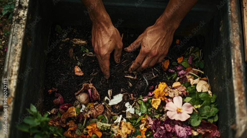 Fototapeta premium Hands mixing colorful organic waste in a compost bin, promoting sustainable gardening practices and reducing food waste for a healthier planet.