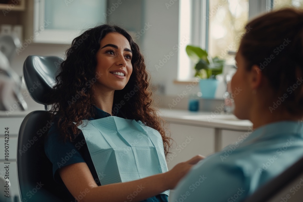 Fototapeta premium A smiling woman at the dentist office shows comfort and care. The scene captures a friendly atmosphere and professional dental assistance. Generative AI