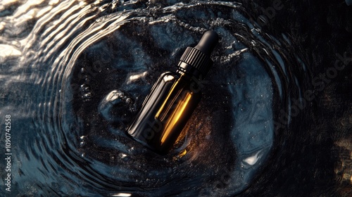 Dark amber serum bottle with dropper on rippling water surface, captured from above in soft light, creating a serene and professional product display.