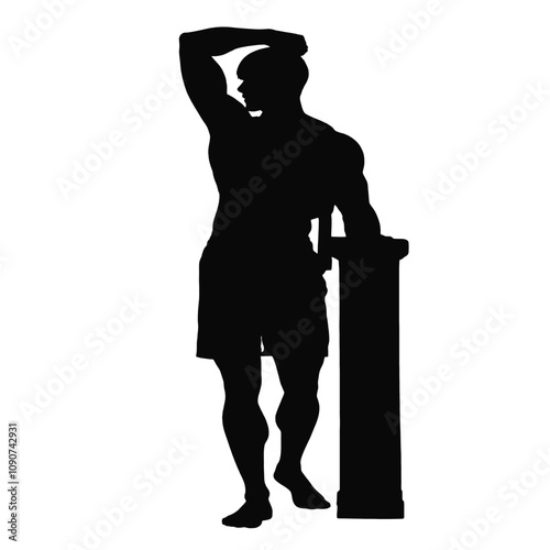 A silhouette of a muscular male and female figure in a heroic pose,