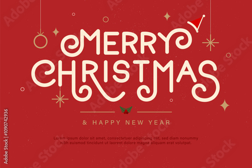 Merry Christmas and happy new year text on red background, poster design, vector illustration  
