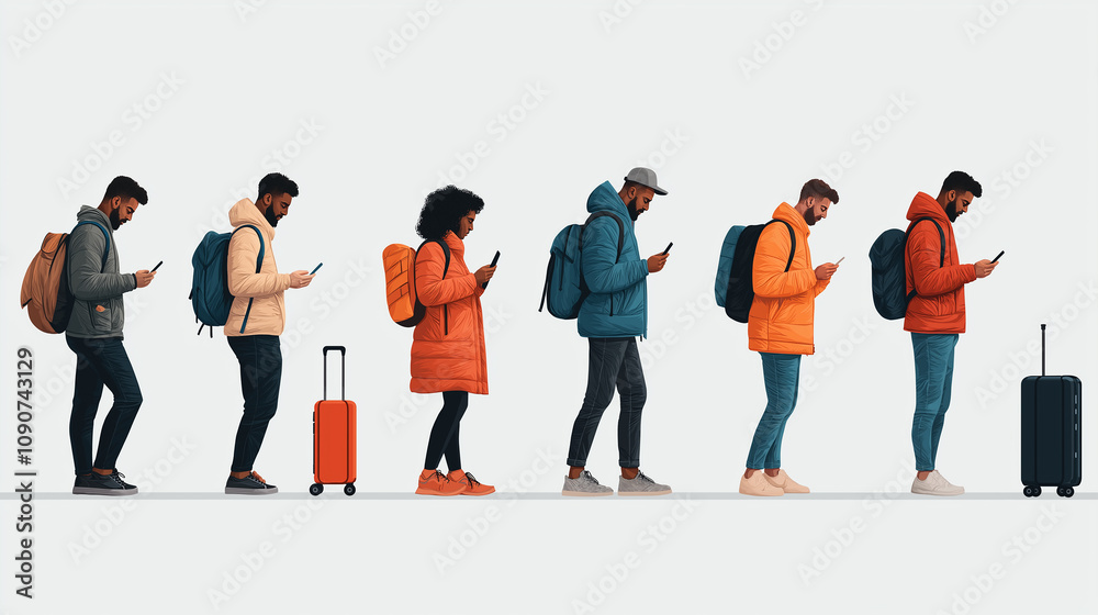 Fototapeta premium Travelers in colorful jackets using smartphones while waiting in line