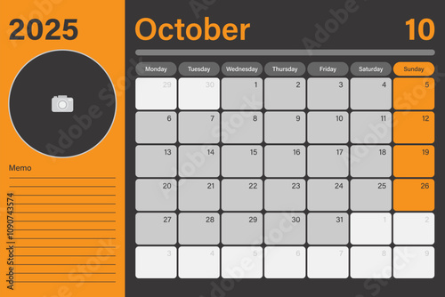 Digital desk planner calendar October 2025 with empty space for adding picture and lines for memo, vector design