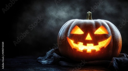 Glowing jack-o'-lantern with a mischievous grin, set against a shadowy backdrop for a spooky Halloween atmosphere. photo