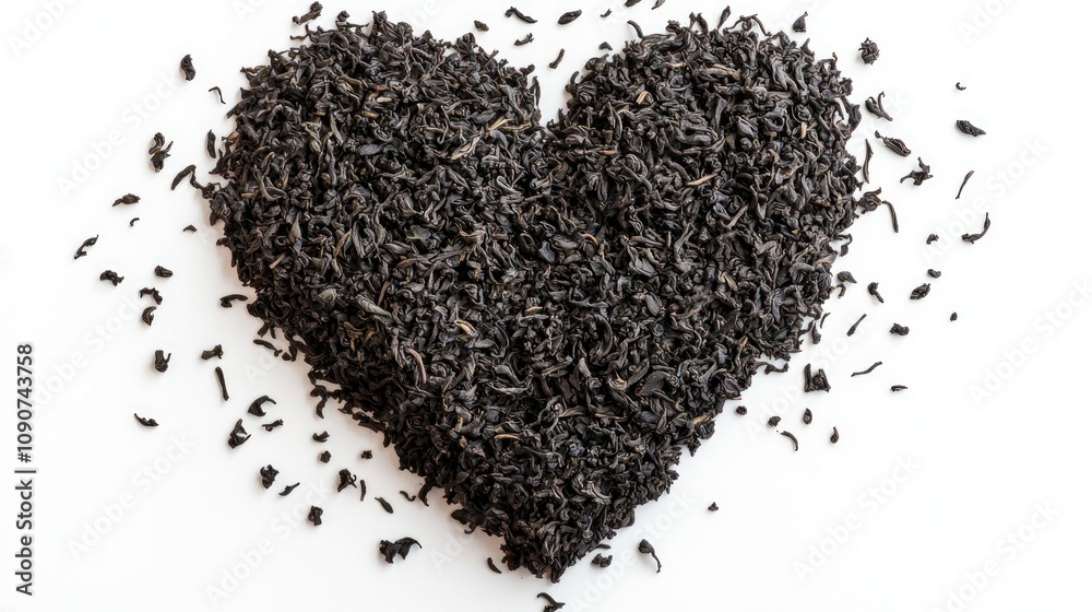Heart-shaped collage of dry black tea leaves on a white background, symbolizing a love for tea with natural textures and rich colors. Heart-shaped collage of dry black tea leaves on a white background, symbolizing a love for tea with natural textures and rich colors.