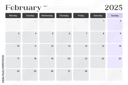February 2025 calendar desk planner, week starts on Monday, minimal design with blank lines, vector illustration 