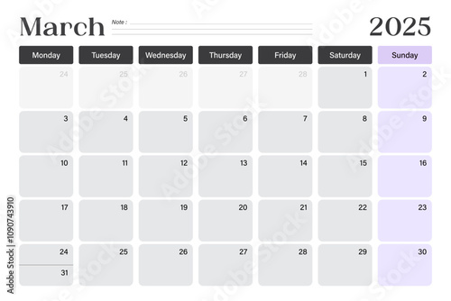 March 2025 calendar desk planner, week starts on Monday, minimal design with blank lines, vector illustration 