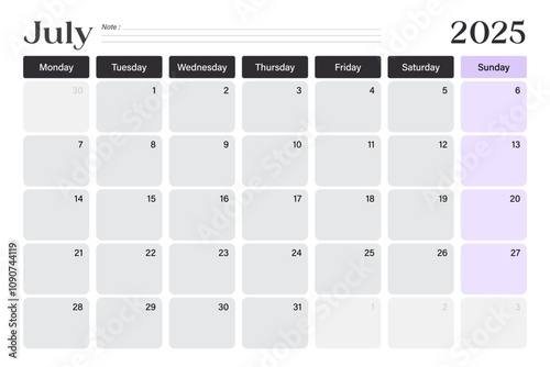 July 2025 calendar desk planner, week starts on Monday, minimal design with blank lines, vector illustration 