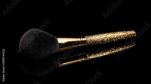 Elegant makeup brush featuring a glittering gold handle, set against a sleek dark background to highlight beauty and sophistication in cosmetics. photo