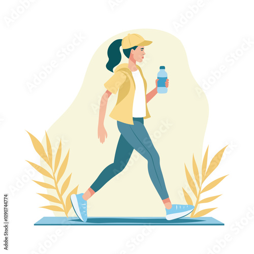 Vector sports illustration flat style girl woman in a cap is engaged in a sports walk with a bottle of water in the hands of an athlete on a white background