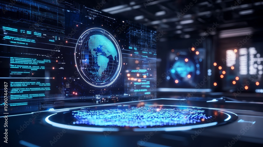 A futuristic interface displaying a digital globe with data streams and glowing elements in a high-tech environment. A futuristic interface displaying a digital globe with data streams and glowing elements in a high-tech environment.