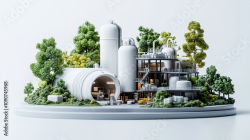 Conceptual Model of a Modern Sustainable Industrial Facility Surrounded by Lush Greenery and Trees, Showcasing Eco-Friendly Infrastructure and Technology