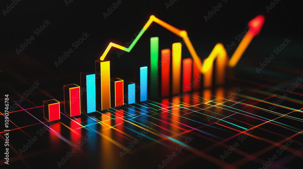 Fototapeta premium Abstract black background with 3D Colorful charts and graphs with statistics to innovative analyze business potential and forecast future development of companies growth.