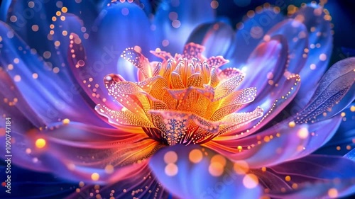 A glowing, ethereal flower with radiant petals illuminated in vibrant shades of blue, pink, and orange, surrounded by a magical, sparkling atmosphere 4K video