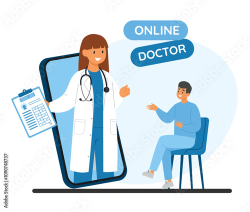 Online doctor service with doctor in the laptop making consultation to patients. Medical help and treatment