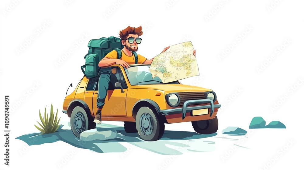 Naklejka premium a 2D cartoon illustration of a person on a road trip with a car and a map, adventurous and free, white background--ar 16:9