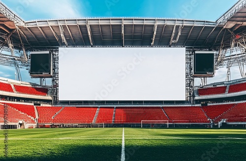 Large blank screen in a modern stadium with red seats and green field. Generative ai