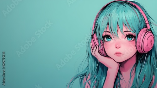 Beautiful anime girl with headphones on, listening to music. lofi aesthetic anime photo