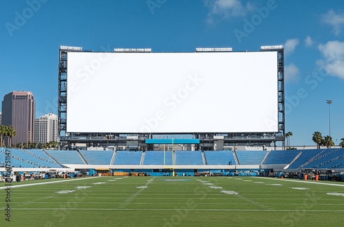 Large blank LED screen at a football stadium with blue seats, green field and cityscape in the background. Generative ai