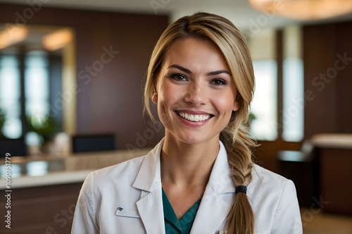 Woman receptionist in formal attire at a luxurious hotel front desk, offering seamless assistance for check-ins and guest inquiries with a warm smile. photo