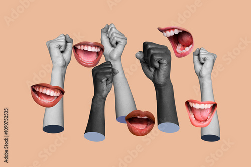 Creative poster collage hands body fragments protest activists mouth face scream shout community against support rights voters photo