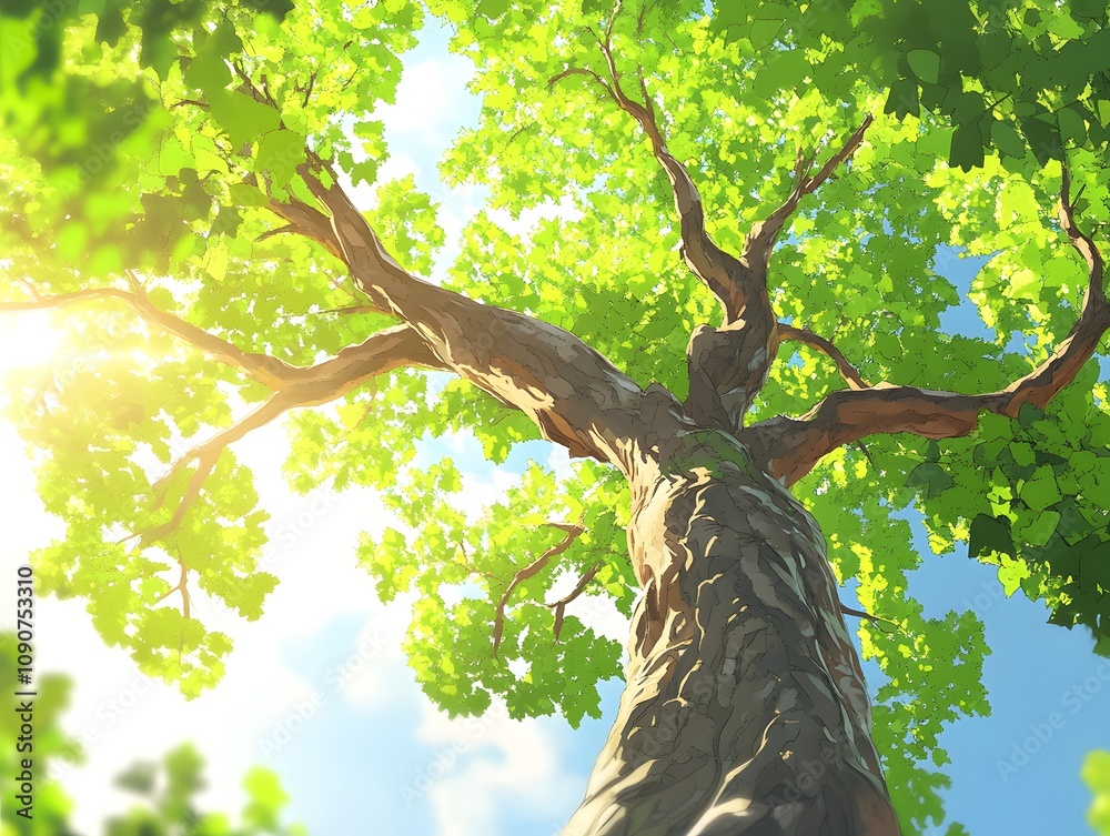 Fototapeta premium Sunlight streams through the leaves of a large tree.