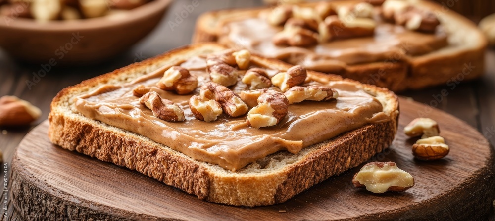 Fototapeta premium Two Slices of Whole Wheat Toast with Creamy Nut Butter Spread Topped with Crunchy Nuts