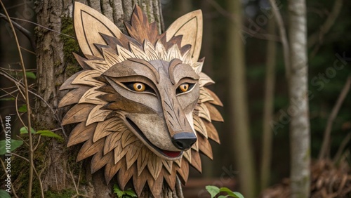 Rustic wolf mask crafted from natural materials displaying sharp features a wild mane and a hint of mischievousness in its gaze.