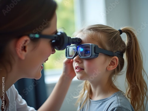 A young girl engages in orthoptic and pleoptic therapy using advanced vision stimulation equipment. Laser eye treatment promotes recovery and enhances vision in a soothing environment photo