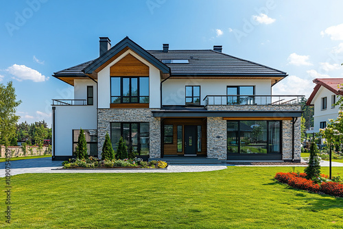 Modern private house with white walls finished with decorative stone and a terrace on the second floor. Laconic landscape design in front of the house.