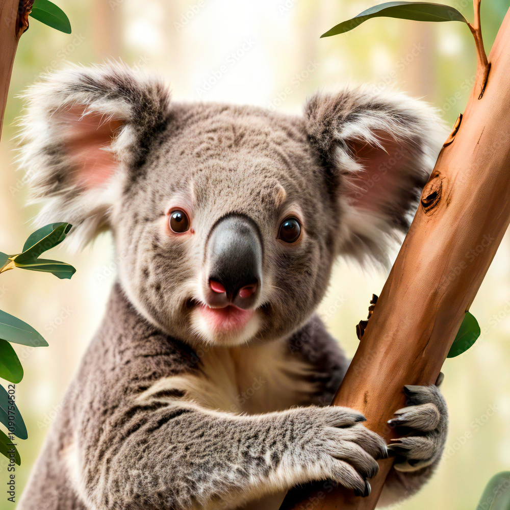 Fototapeta premium an image of a curious koala peeking out from a eucalyptus tree in a forest