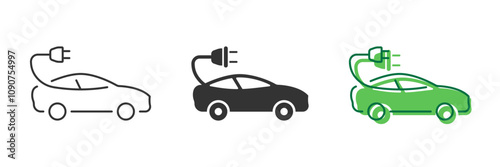 Electric Car Line and Silhouette Icon Set. Electric Vehicle Icon with Charging Plug for Sustainable Transportation. Editable Stroke. Isolated Vector Illustration