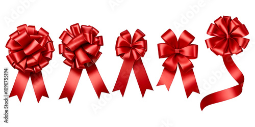 Shiny red round ribbon bow overlay template collection set isolated on white background with clipping path, object for creative design decoration photo