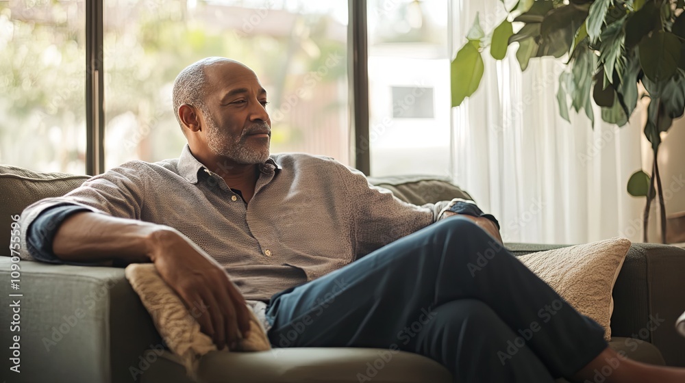 Fototapeta premium Relaxed Man Sitting on Couch in Living Room