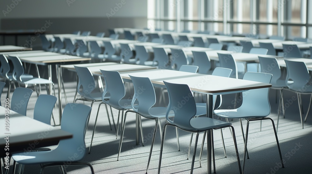 Obraz premium Empty school cafeteria tables during off-peak hours, a serene moment of reflection on the passage of time and the transient nature of youth.