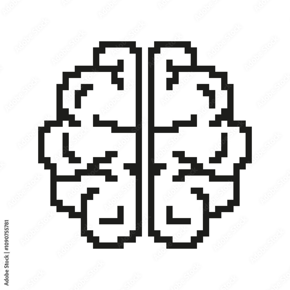Fototapeta premium Pixel Brain Icon with Two Hemispheres. Neural Design Pixelated Symbol. Cognitive and Neural Functions. Isolated Vector Illustration
