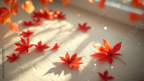Red maple leaves scattered on a white surface, illuminated by sunlight streaming through a window, creating a warm and inviting atmosphere.