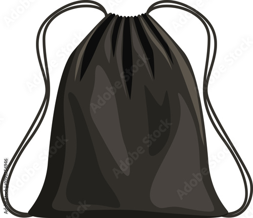 Simple black drawstring backpack closing with two cords, isolated vector illustration on white