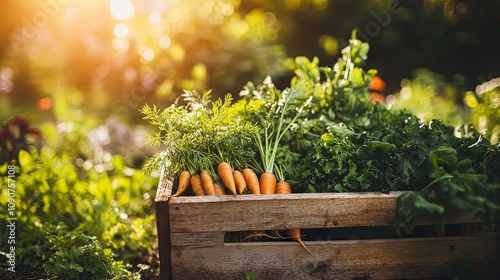 Freshly Harvested Carrots and Greens in a Wooden Crate