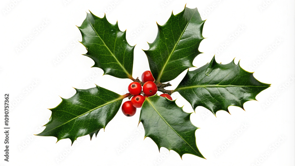 Sprig of European holly isolated on a white background. A single sprig of fresh European holly, featuring bright green leaves and vibrant red berries, isolated on a white background with soft shadows Sprig of European holly isolated on a white background. A single sprig of fresh European holly, featuring bright green leaves and vibrant red berries, isolated on a white background with soft shadows