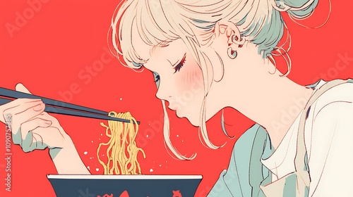 beautiful anime woman making instant noodles photo