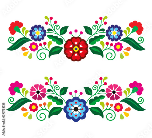 Mexican folk art style vector long horizontal floral pattern,  greeting card retro design inspired by traditional embroidery from Mexico. Non AI generated